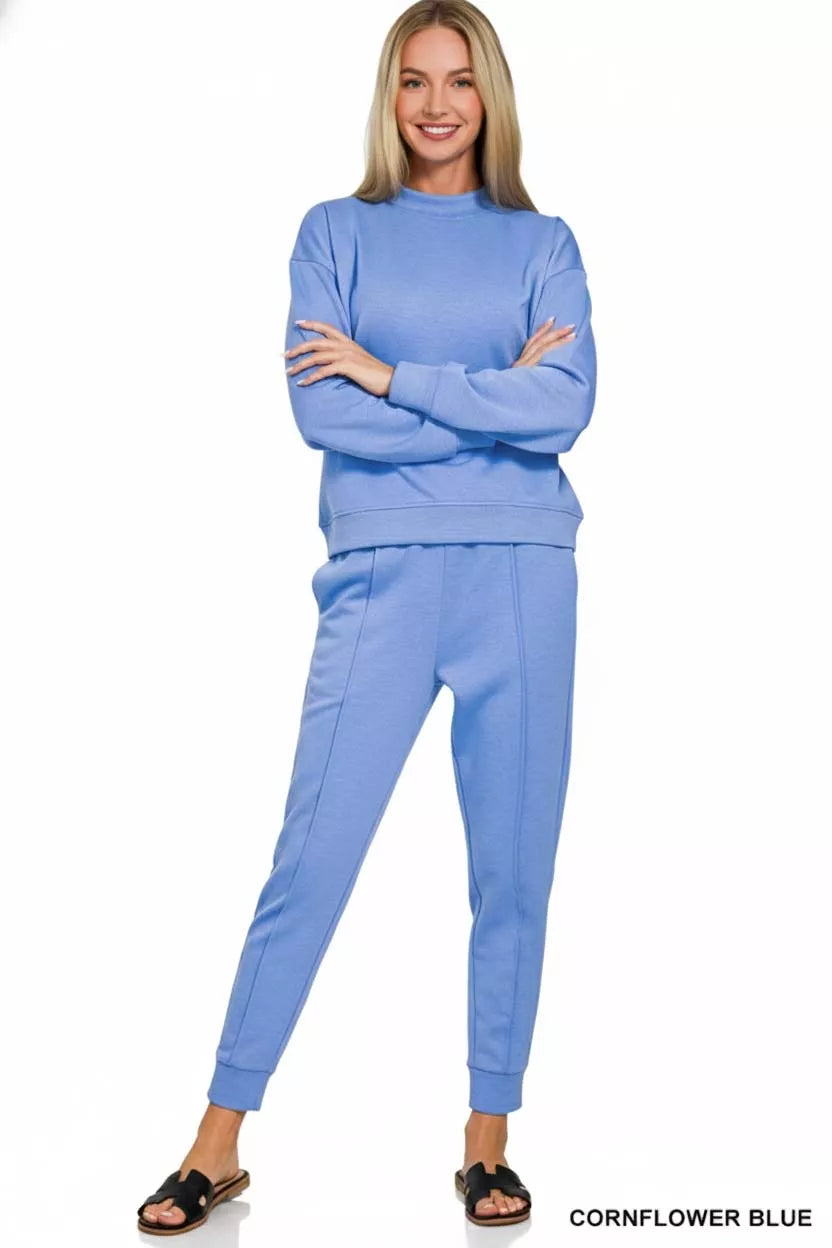 Hazel Blues® | Zenana Scuba Mock Neck Sweatshirt and Joggers Set