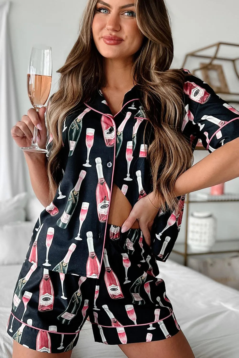 Hazel Blues® | Champagne Print Short Sleeve Top and Shorts Set