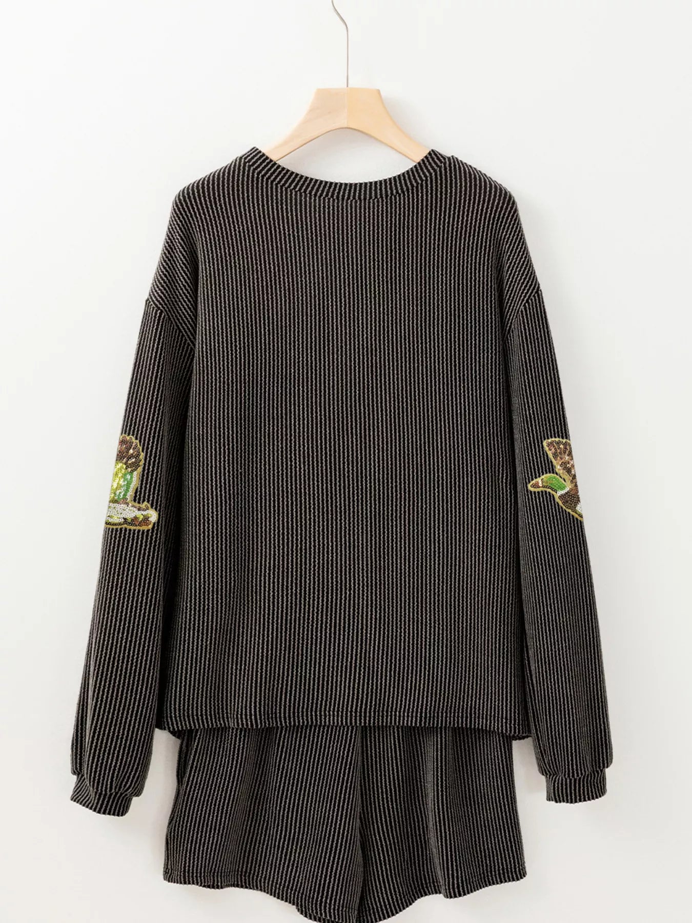 Hazel Blues® | Flying Mallard Sequin Patched Ribbed Long Sleeve Top and Shorts Set