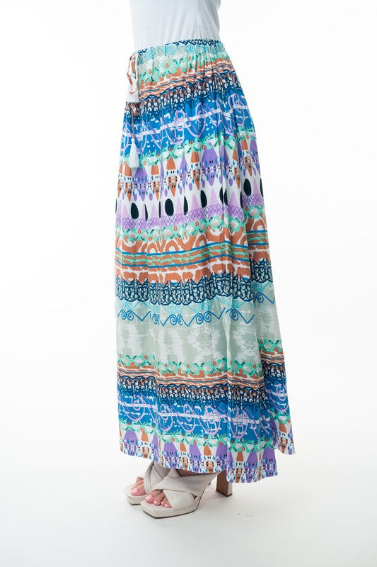 Hazel Blues® | Printed Elastic Waist Band Long Skirt with Tassels in Sage Combo