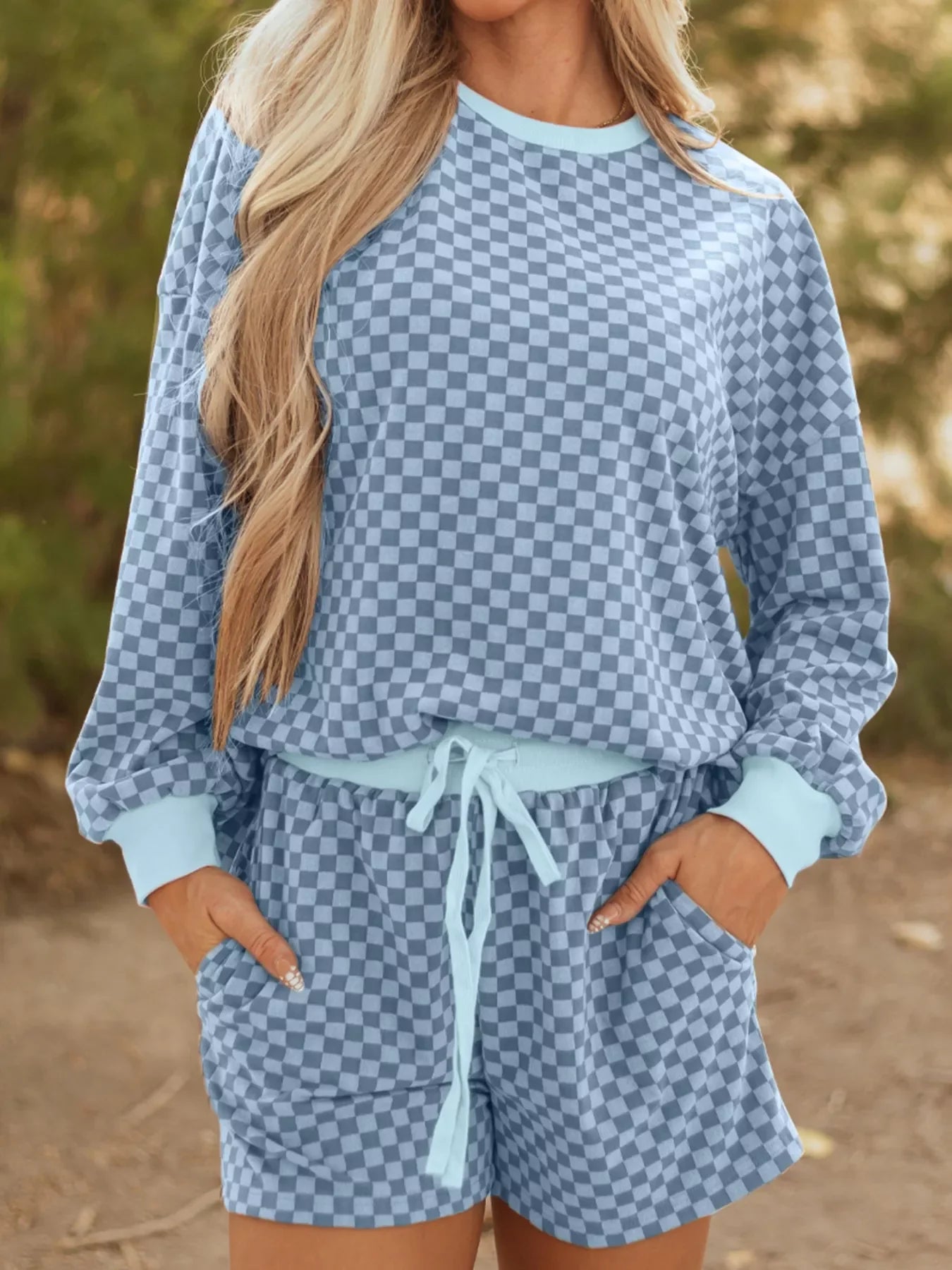 Hazel Blues® | Checkerboard Long Sleeve Pullover and Shorts Set