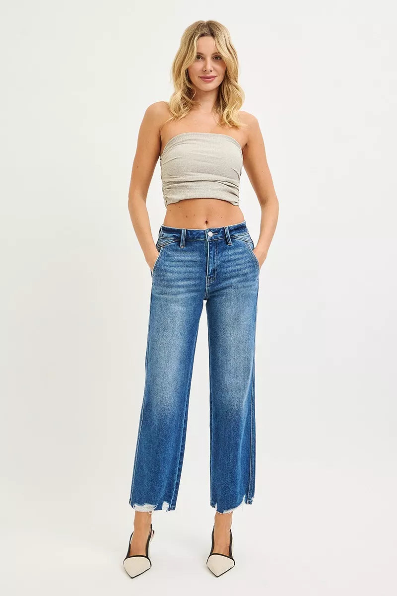 Hazel Blues® | RISEN High Rise Ankle Straight Distressed Hem Detail Jeans