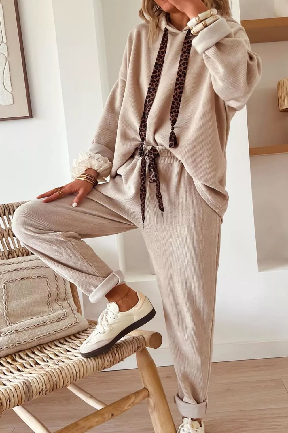 Hazel Blues® | Leopard Drawstring Hoodie and Pants Set