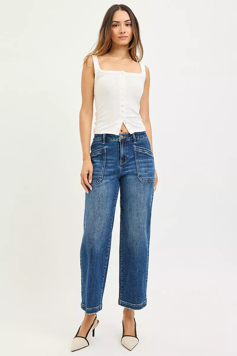 Hazel Blues® | RISEN Slouchy Cropped Baggy Jeans with Front Patch Pocket