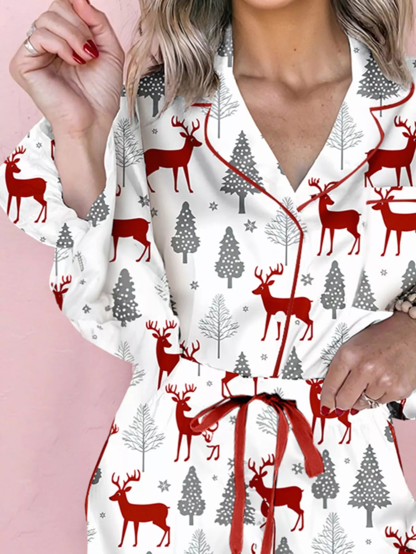 Hazel Blues® | Christmas Fashion Print Velvet Trim Top and Shorts Pajama 2pcs Set