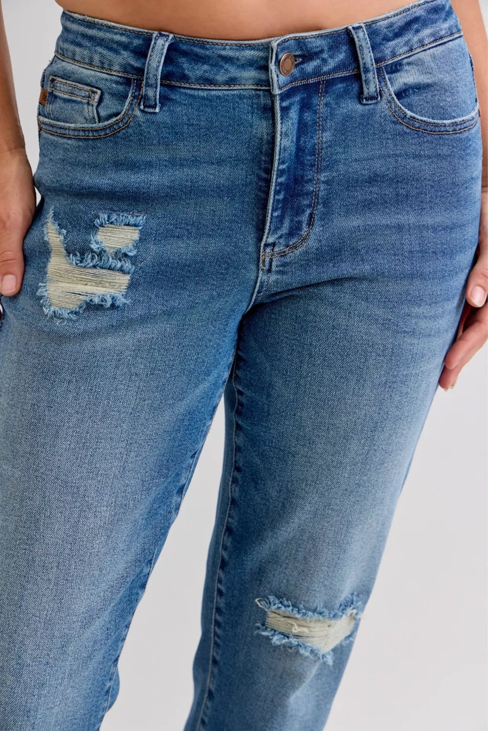 Hazel Blues® | Judy Blue Mid Rise Bf Patch & Repair Destroy Release Hem Jeans