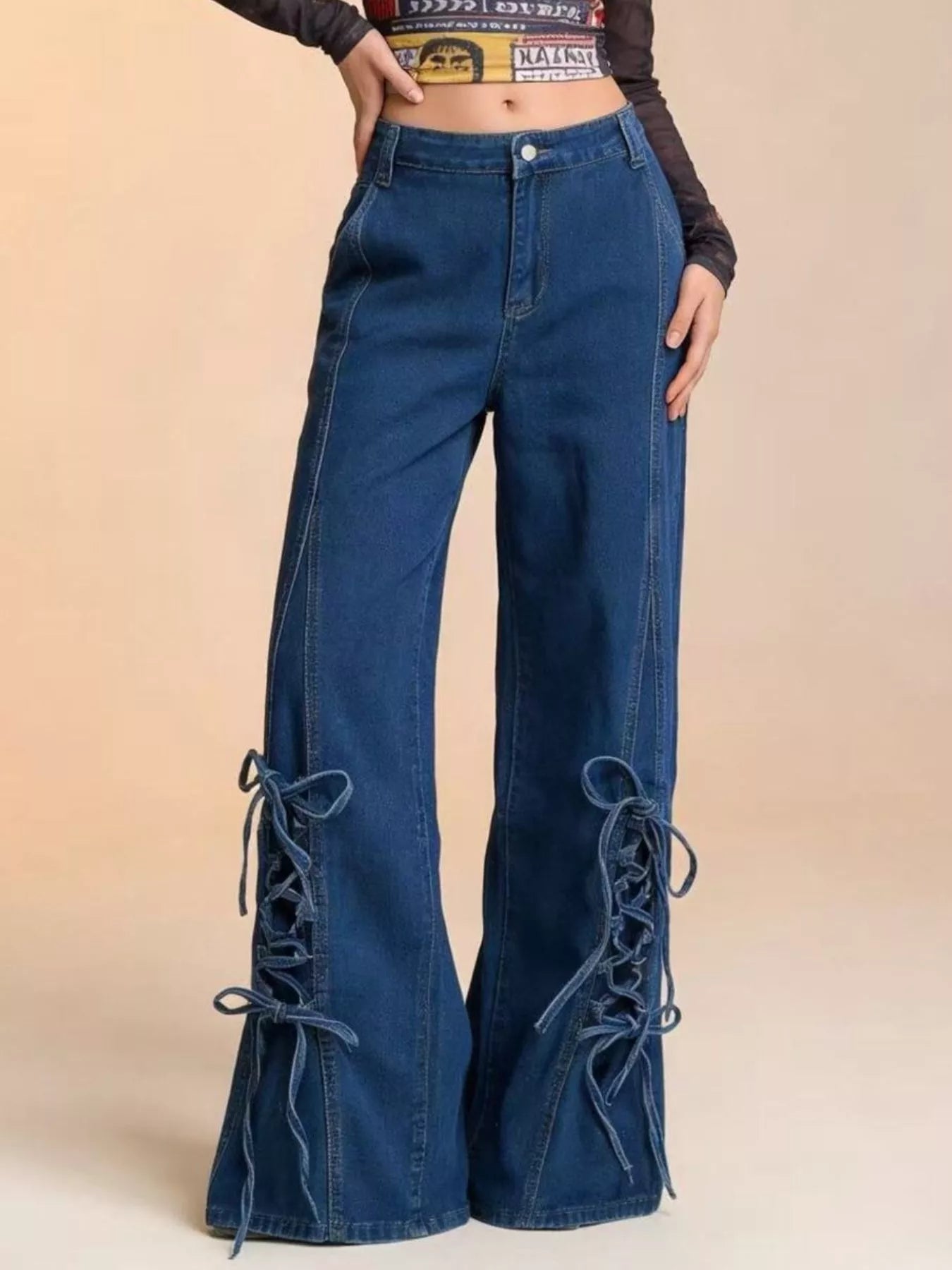 Hazel Blues® | Lace-Up Wide Leg Jeans