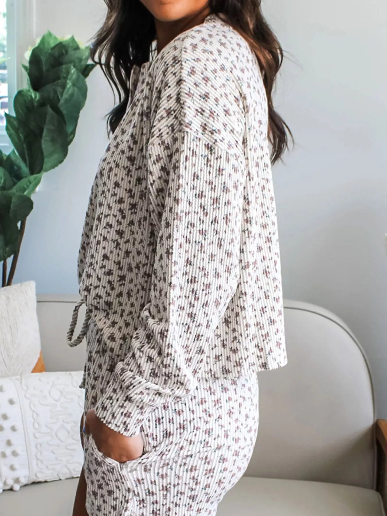 Hazel Blues® | Spiral Ribbed Floral Print Long Sleeve Henley Top Drawstring Short Set