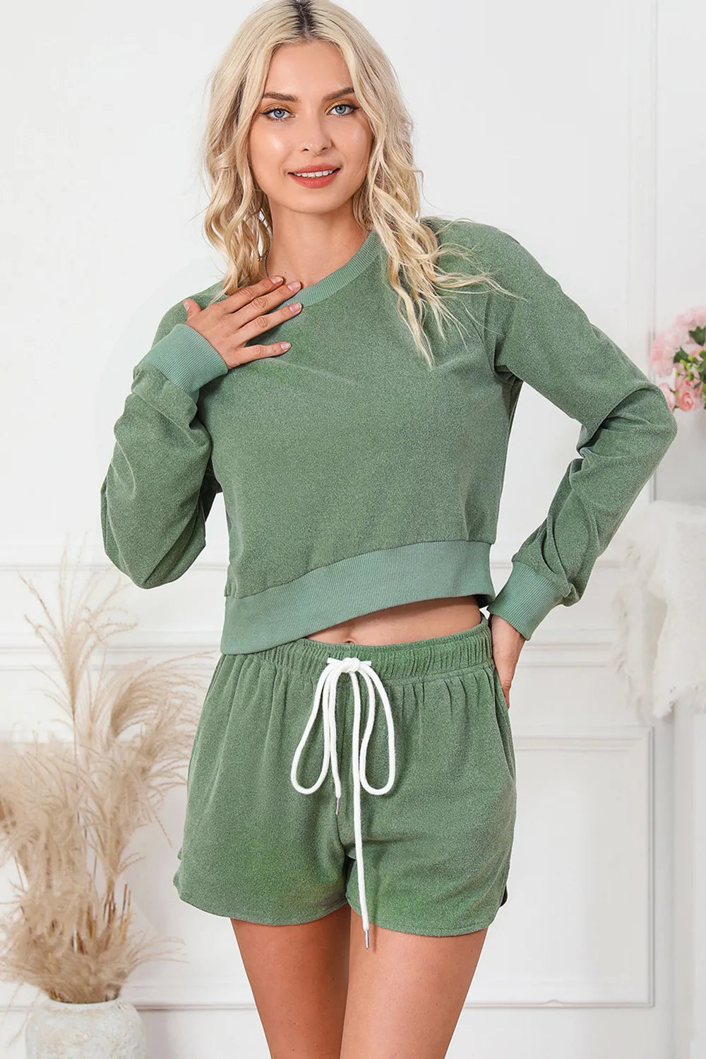 Hazel Blues® | Round Neck Long Sleeve Top and Drawstring Shorts Lounge Set