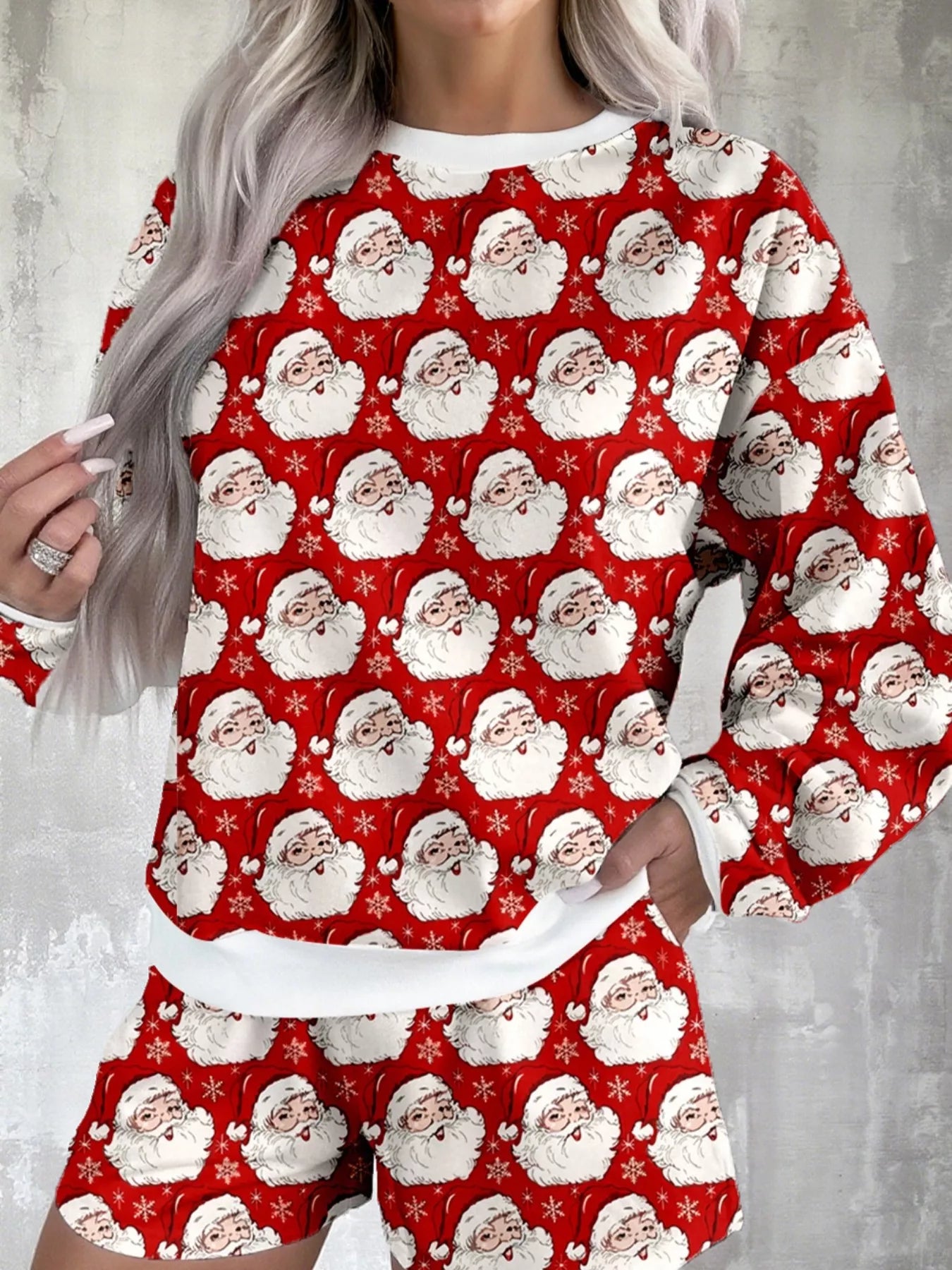 Hazel Blues® | Christmas Santa Print Round Neck Top and Shorts Lounge Set