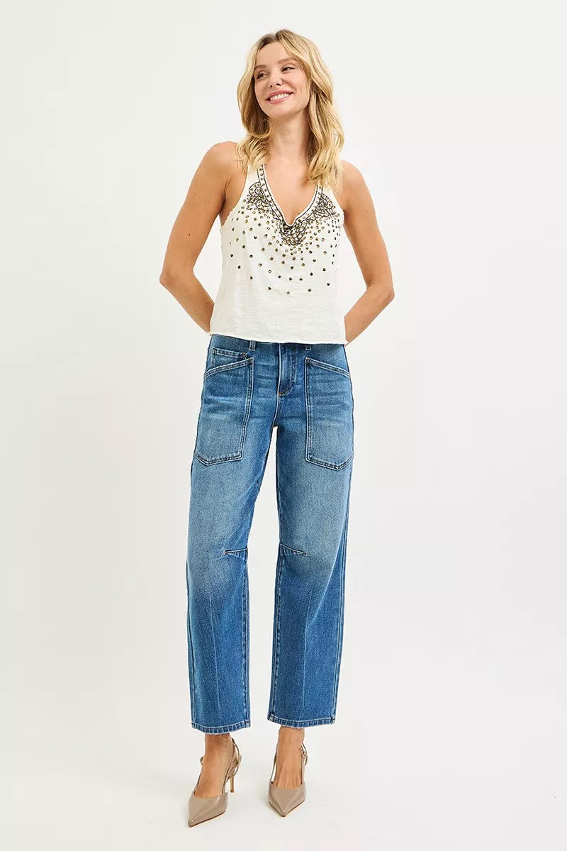 Hazel Blues® | RISEN 4 Way Stretch Mid Rise Barrel Jeans with Patch Pocket Detail