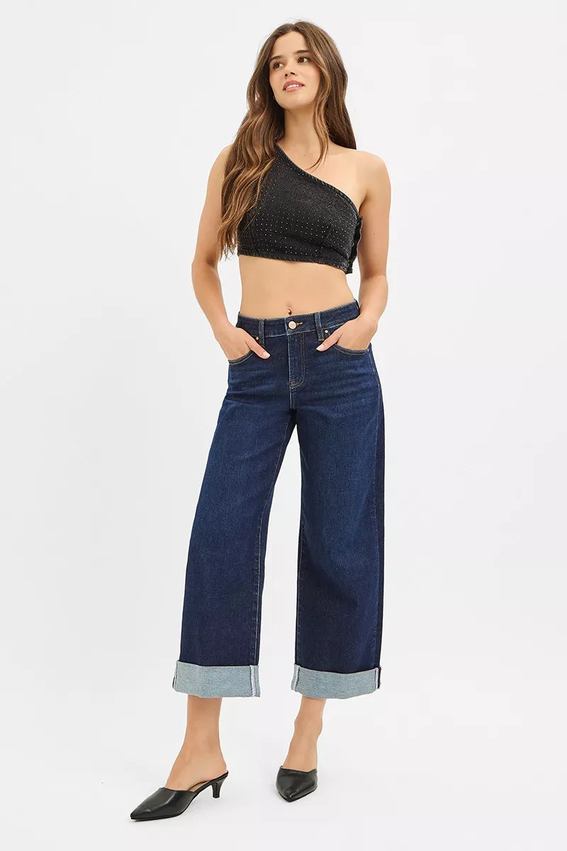 Hazel Blues® | RISEN Mid Rise Fit Ankle Wide Roll Up Jeans