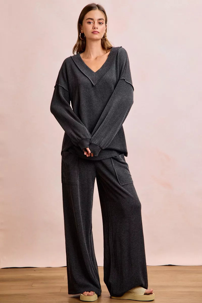 Hazel Blues® | BiBi Two Tone Cord Rib Contrast Stitching V-Neck Top and Pants Set