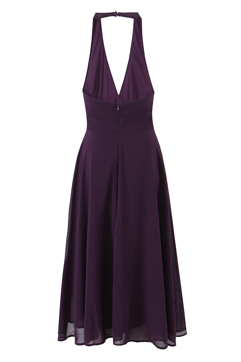 Halter V-neck Purple Long Dress