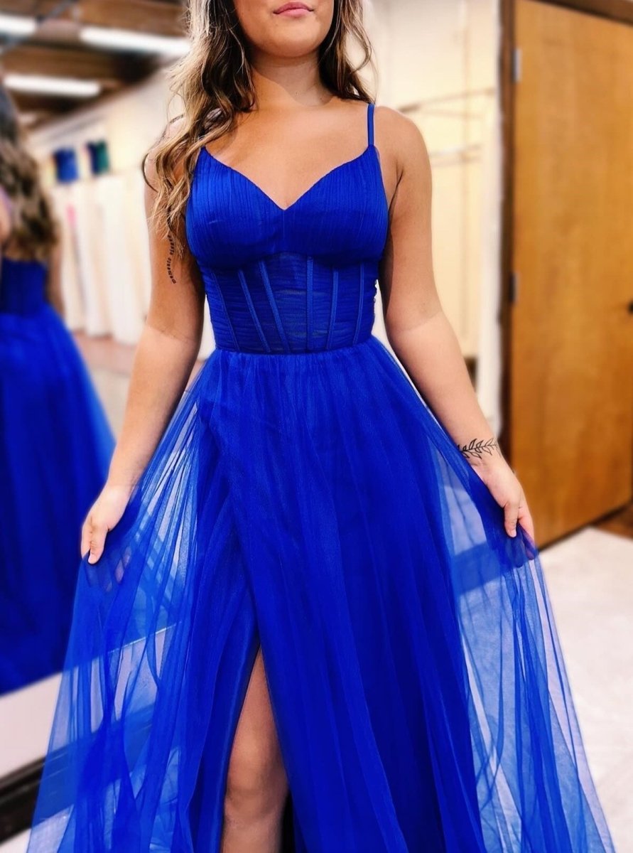 Fuchsia Spaghetti Straps Sheer Bodice A-Line Long Prom Dress with Slit