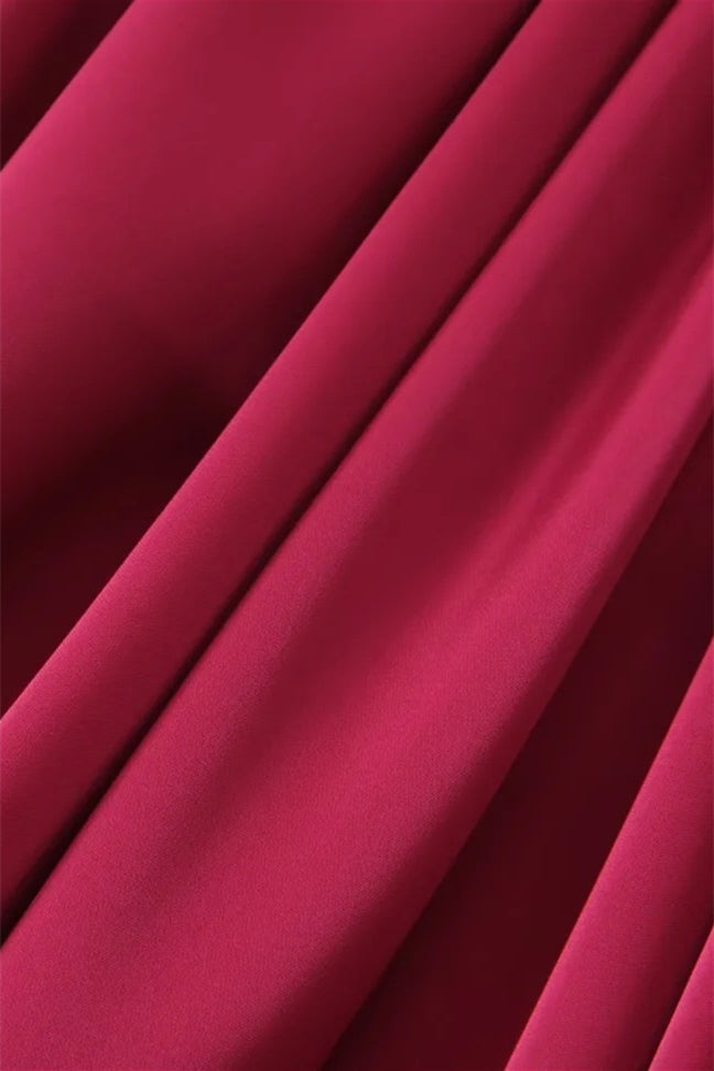 Strapless Burgundy Pleated A-line Midi Dress