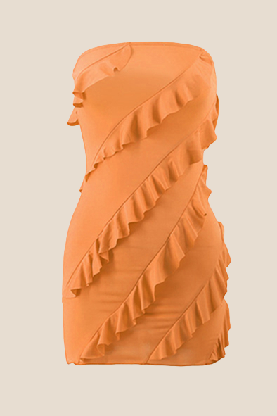 Strapless Coral Ruffled Bodycon Short Dress