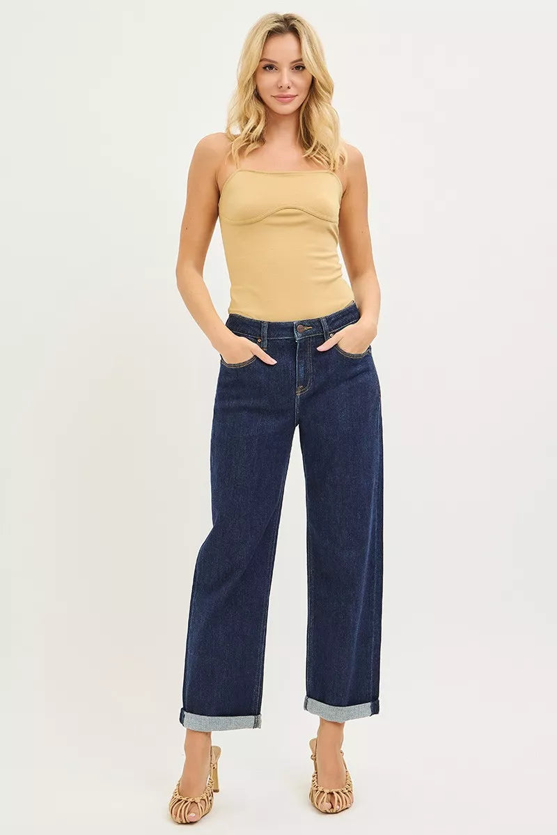 Hazel Blues® | RISEN Slouchy Cropped Boyfriend Jeans With Cuffed Hem