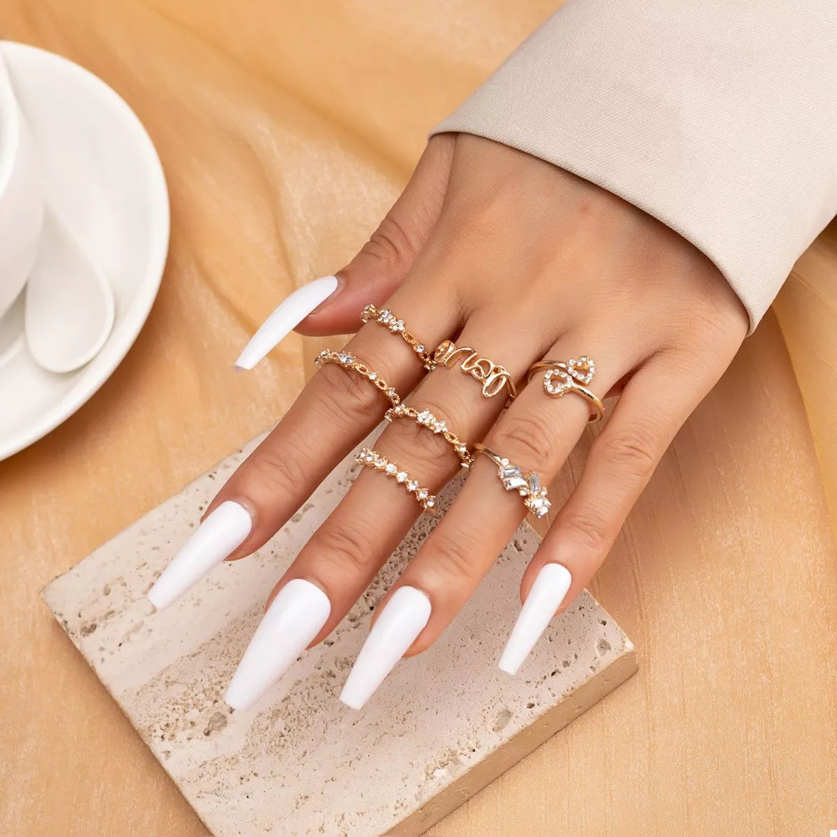Hazel Blues® | 7 Piece 18K Gold-Plated LOVE Zircon Ring Set