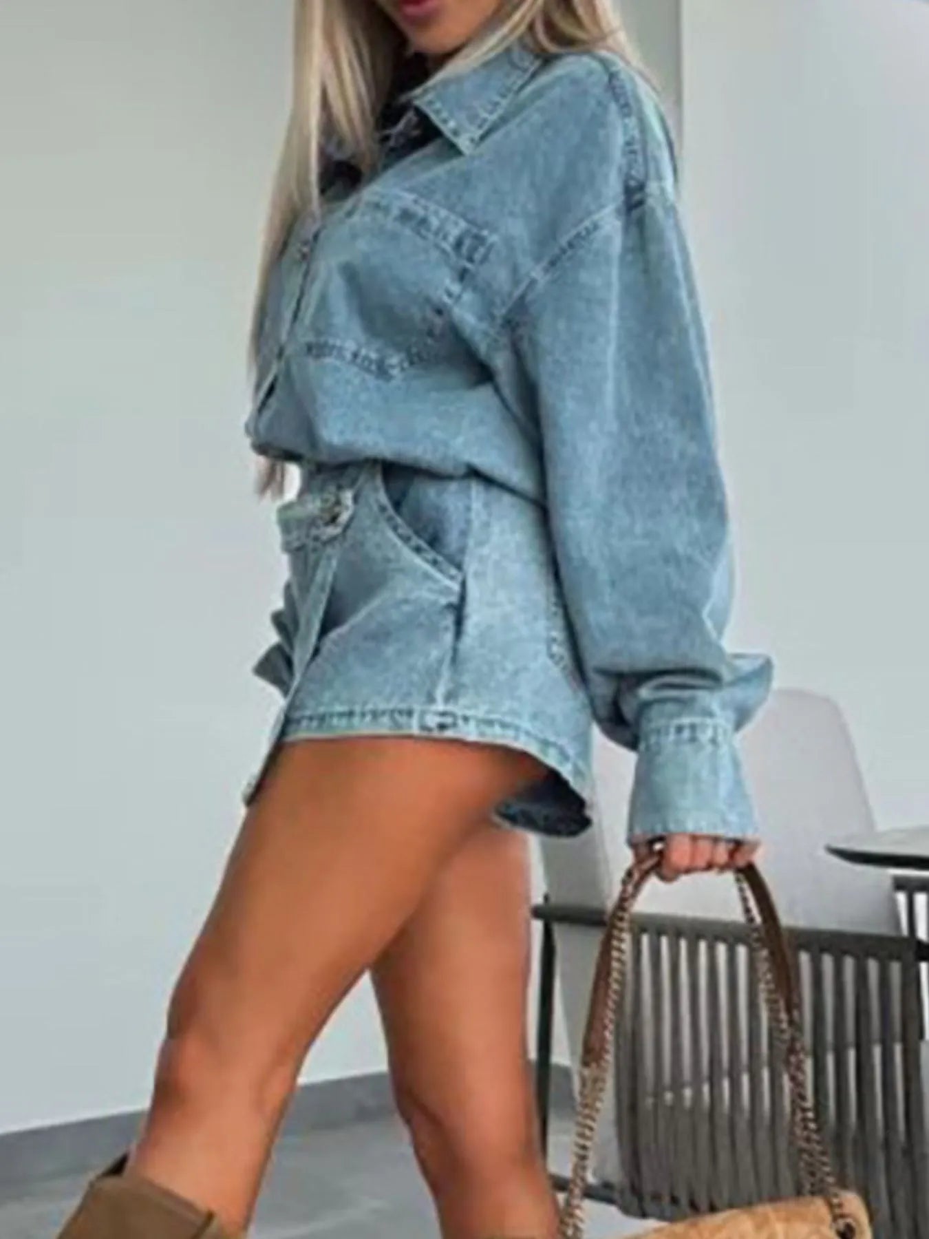 Hazel Blues® | Button-Front Shirt and Mini Skirt Oversized Denim Set