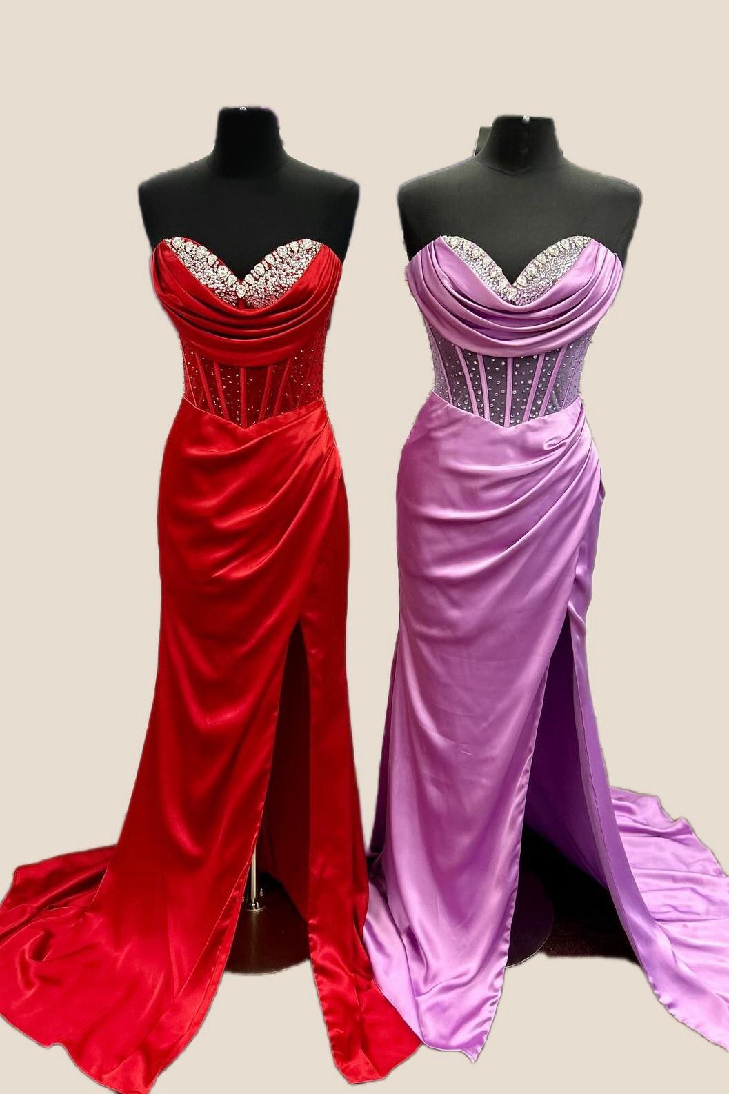 Strapless Fuchsia Beaded Long Dress with Slit