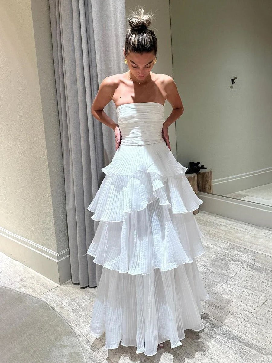 Cute A-Line Chiffon Strapless Tiered Wedding Dresses