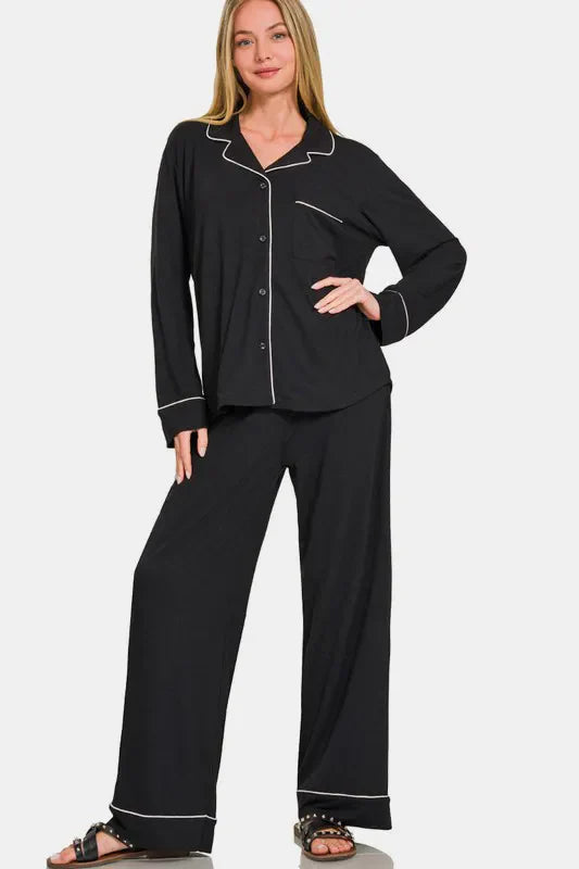 Hazel Blues® | Zenana Button Down Long Sleeve Top and Pants Lounge Set
