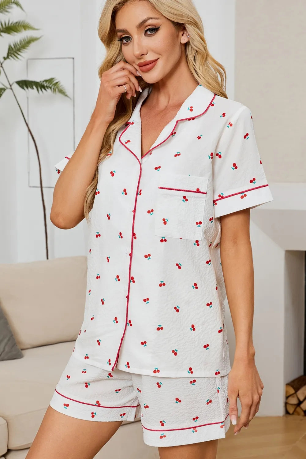 Hazel Blues® | Cheery Print Collared Neck Top and Shorts Lounge Set
