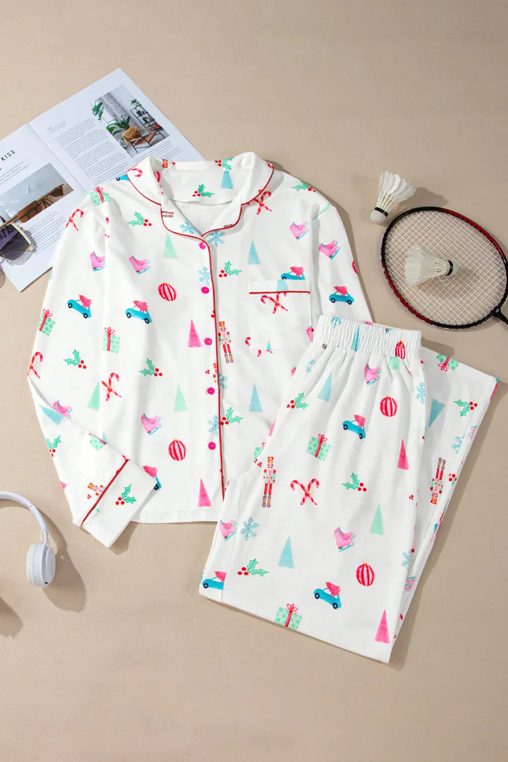 Hazel Blues® | Printed Collared Neck Long Sleeve Top and Pants Lounge Set