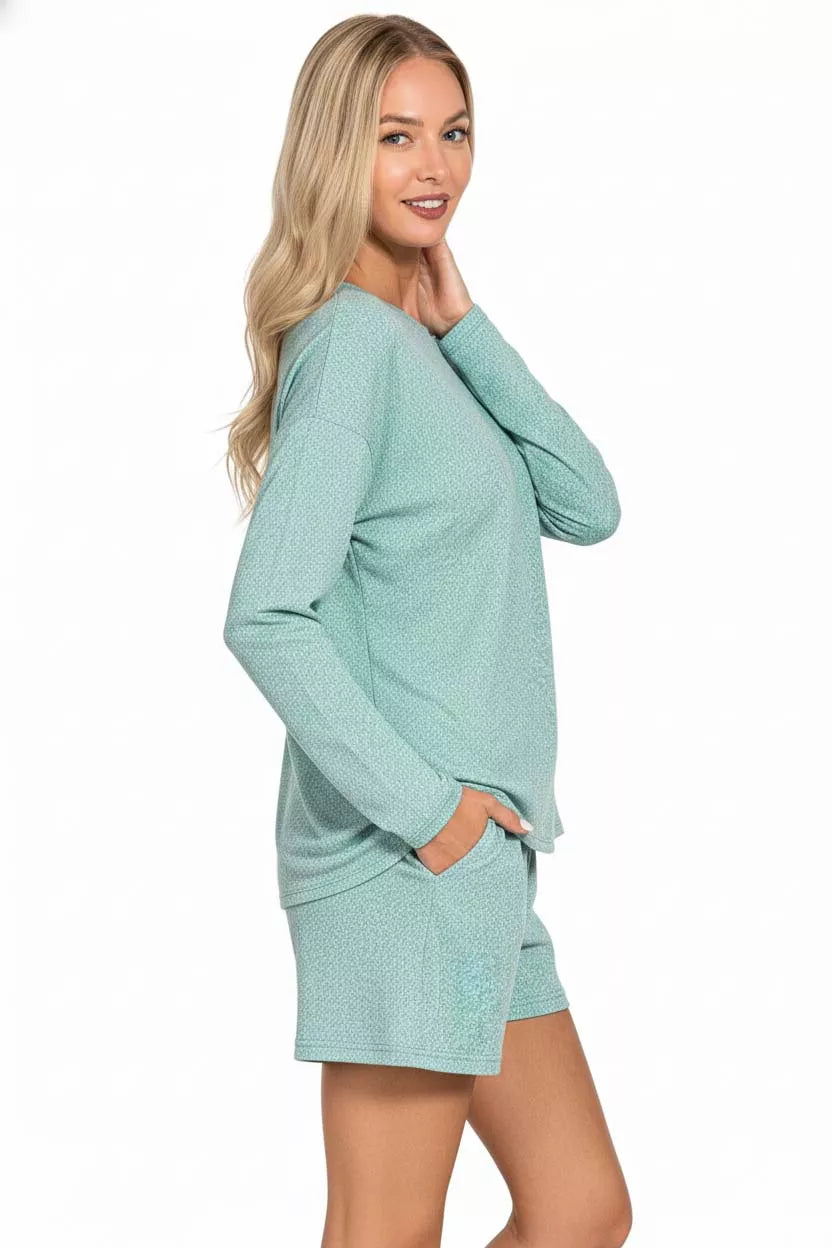 Hazel Blues® | Zenana Soft Melange Long Sleeve Tee and Shorts Set