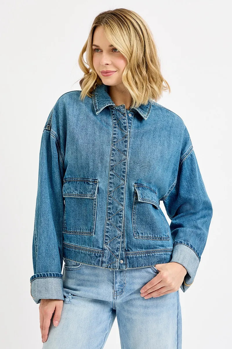 Hazel Blues® | RISEN Oversized Cargo Pocket Denim Jacket with Cuffed Sleeves