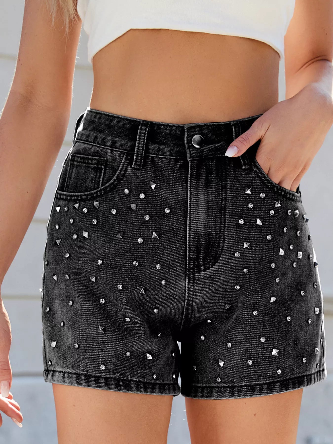 Hazel Blues® | Studded High Waist Denim Shorts