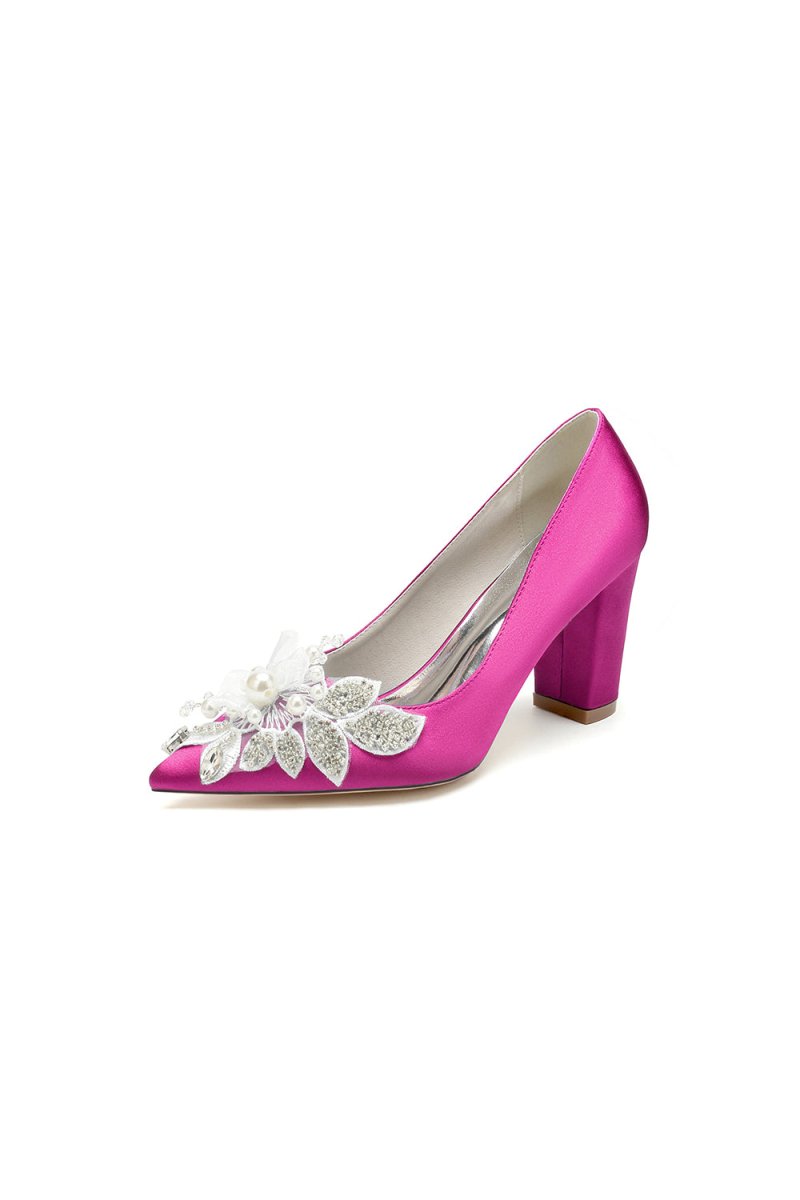 Floral Beaded Pointed Toe Chunky Heel