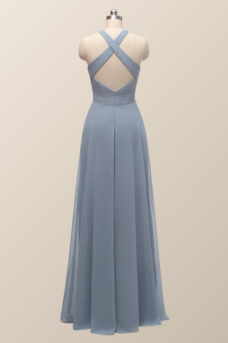 Halter Misty Blue Chiffon A-line Long Bridesmaid Dress