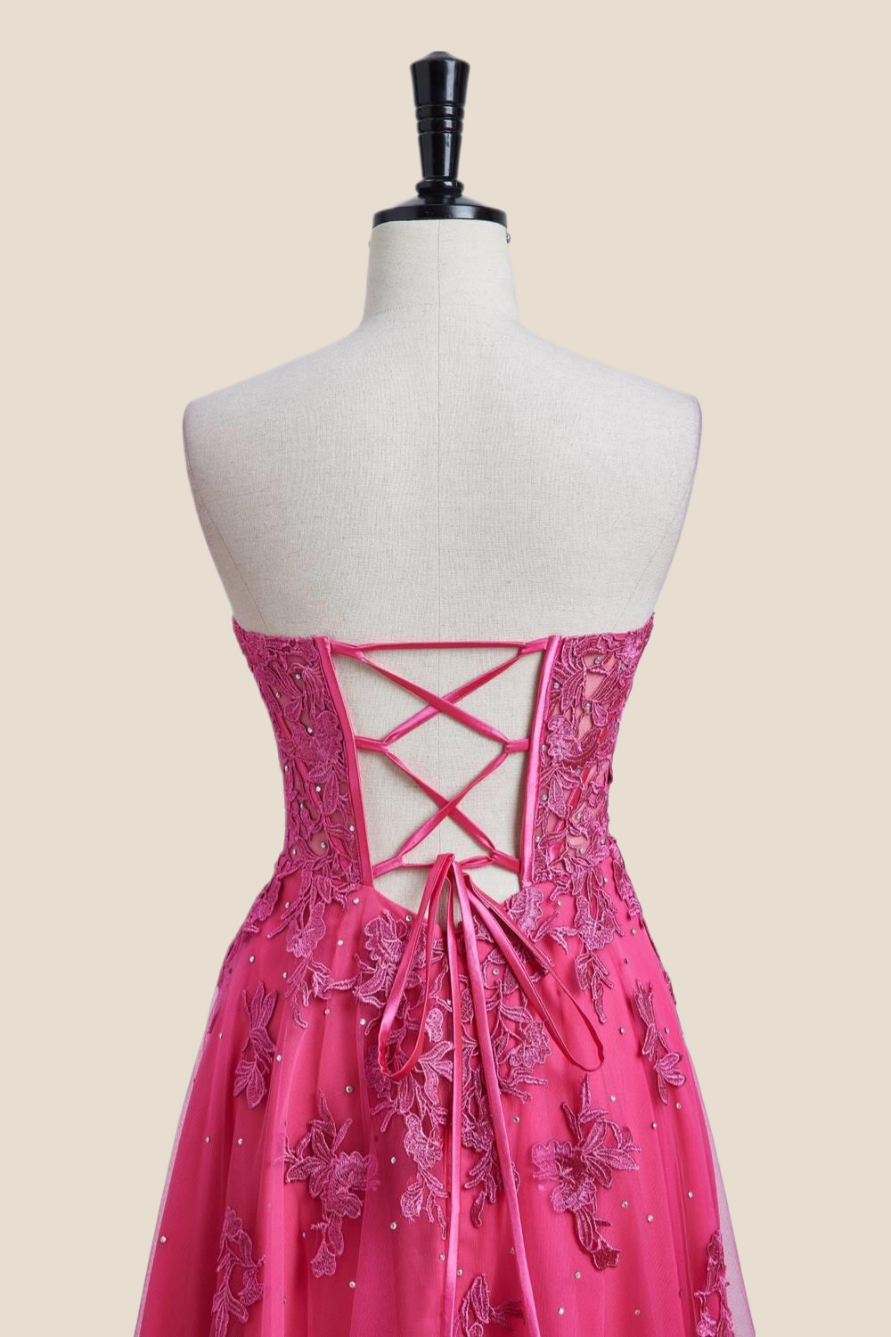 Hot Pink Lace and Tulle Long Formal Dress