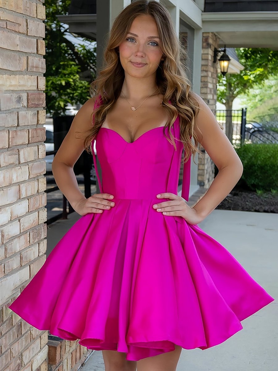 Fuchsia - Spaghetti Straps Satin Pleated A Line Homecoming Dresses With Bow