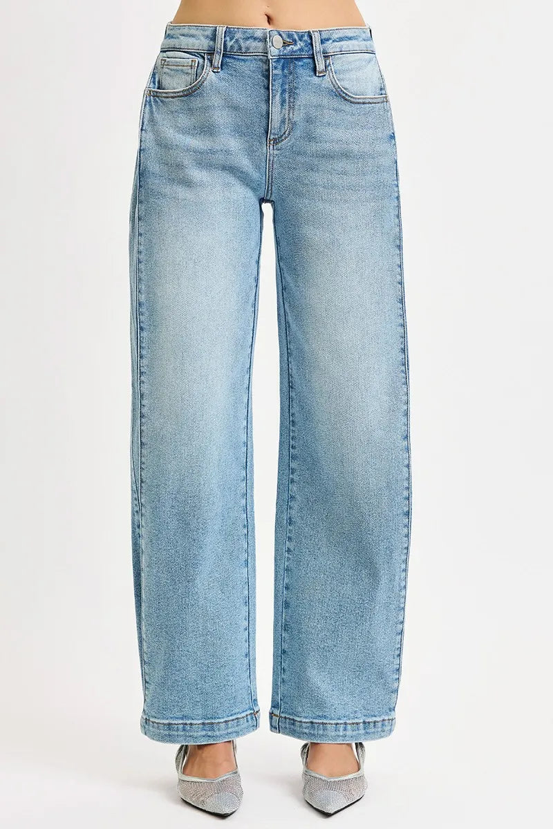 Hazel Blues® |  RISEN Mid Rise Wide Barrel Transferable Leg Snap Jeans