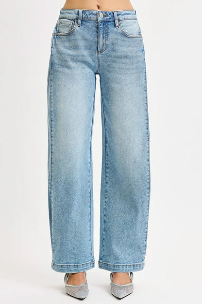 Hazel Blues® |  RISEN Mid Rise Wide Barrel Transferable Leg Snap Jeans
