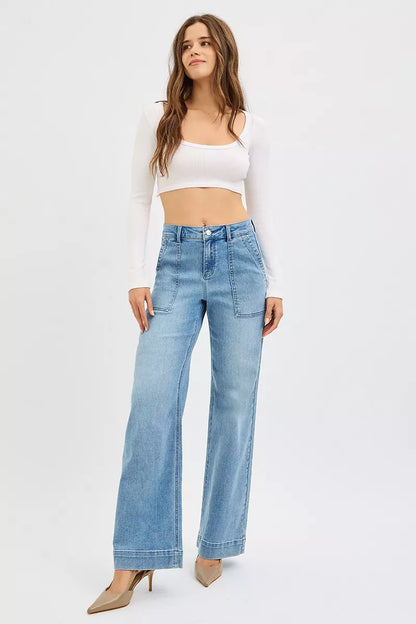 Hazel Blues® | RISEN High Rise Straight Leg Jeans with Front Pockets