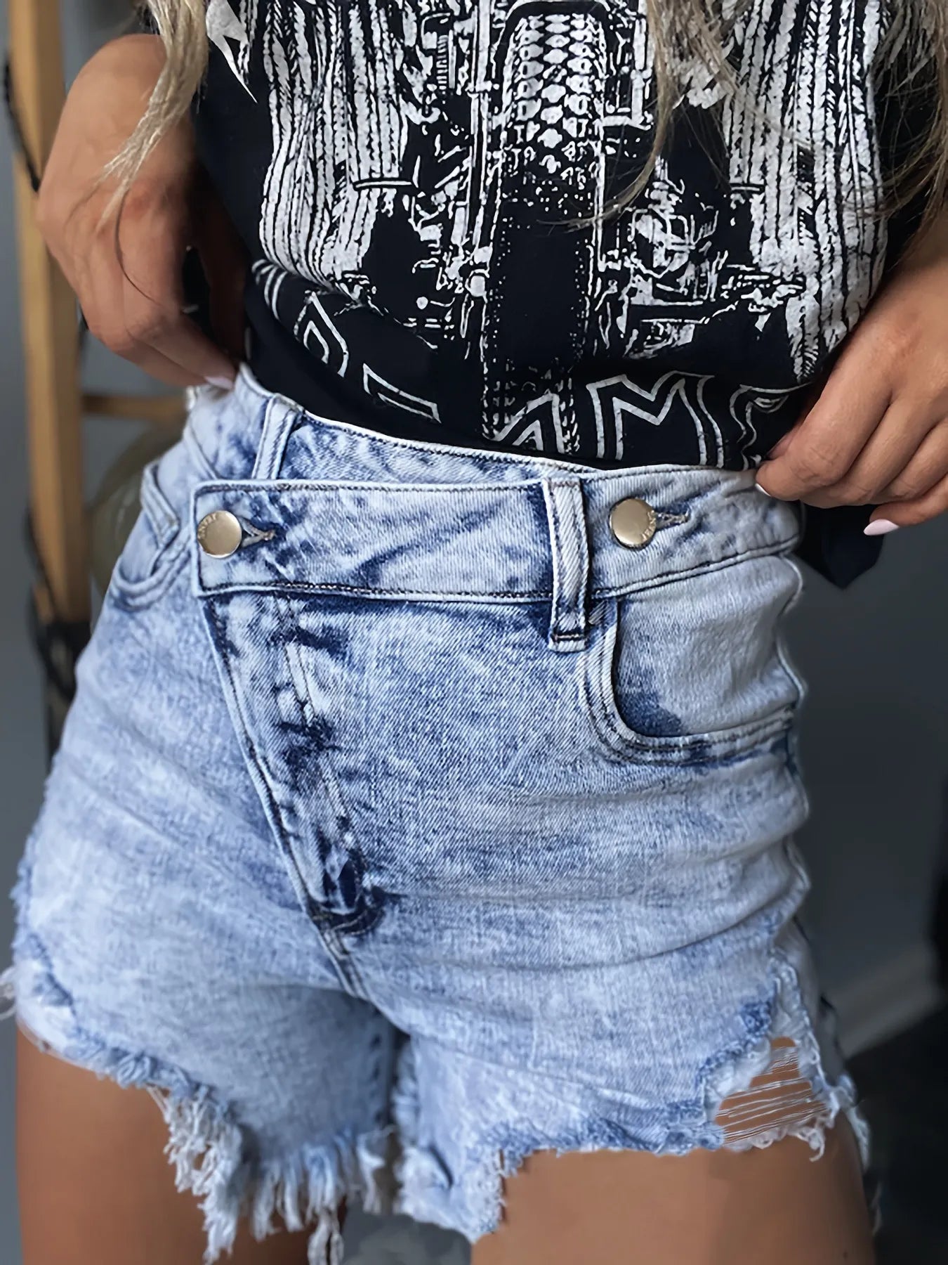 Hazel Blues® |  High Waisted Distressed Denim Shorts with Frayed Hem