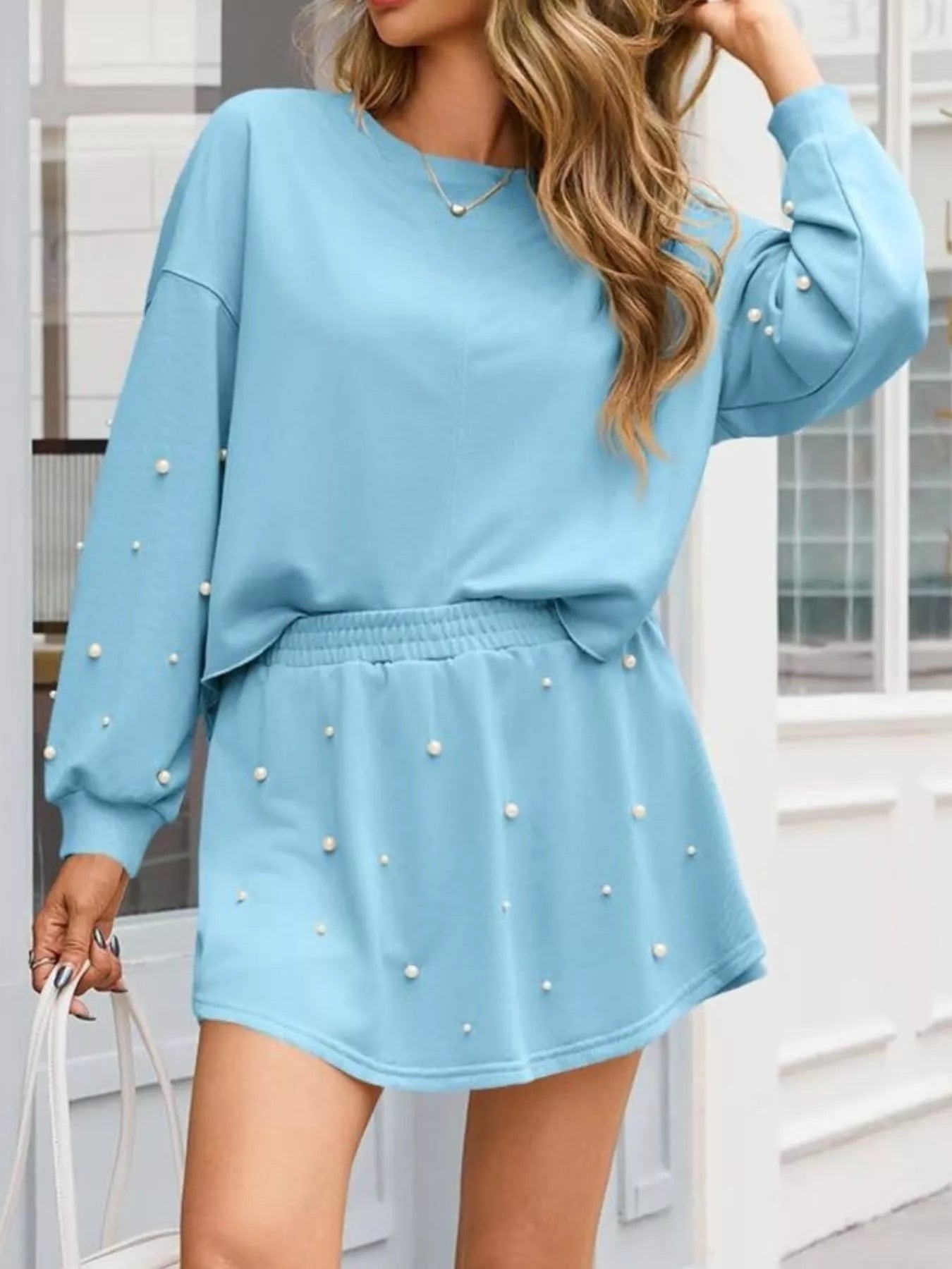 Hazel Blues® |  Pearl Embellished Round Neck Top and Skort Set