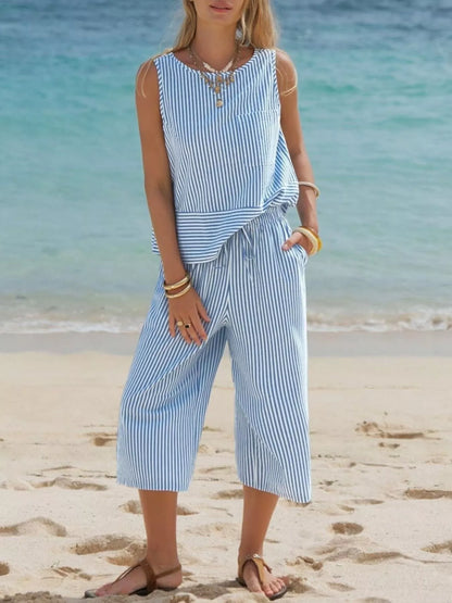Hazel Blues® |  Striped Sleeveless Top and Cropped Pants Set