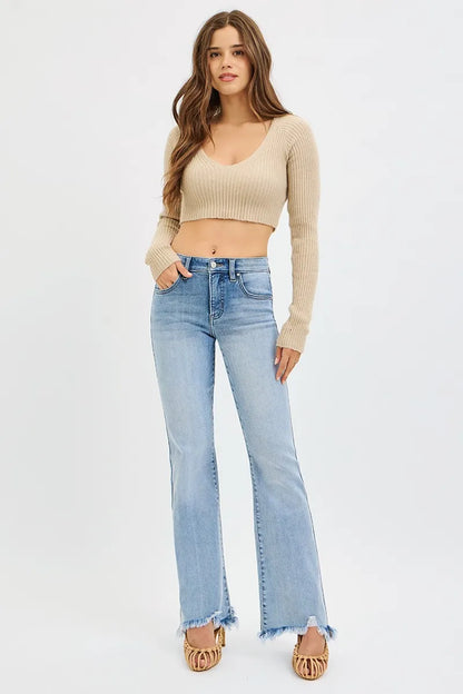 Hazel Blues® | RISEN Tummy Control Mid Rise Flare Jeans with Fray Hem Detailed