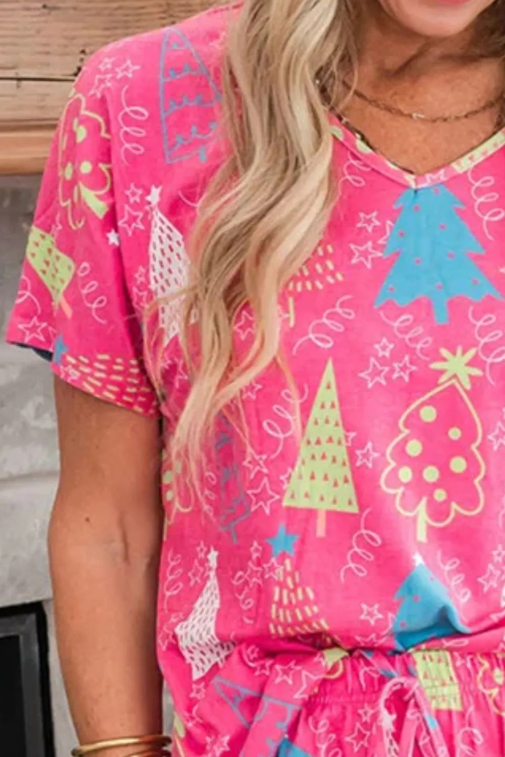 Hazel Blues® |  Printed V-Neck Short Sleeve Top and Pants Lounge Set