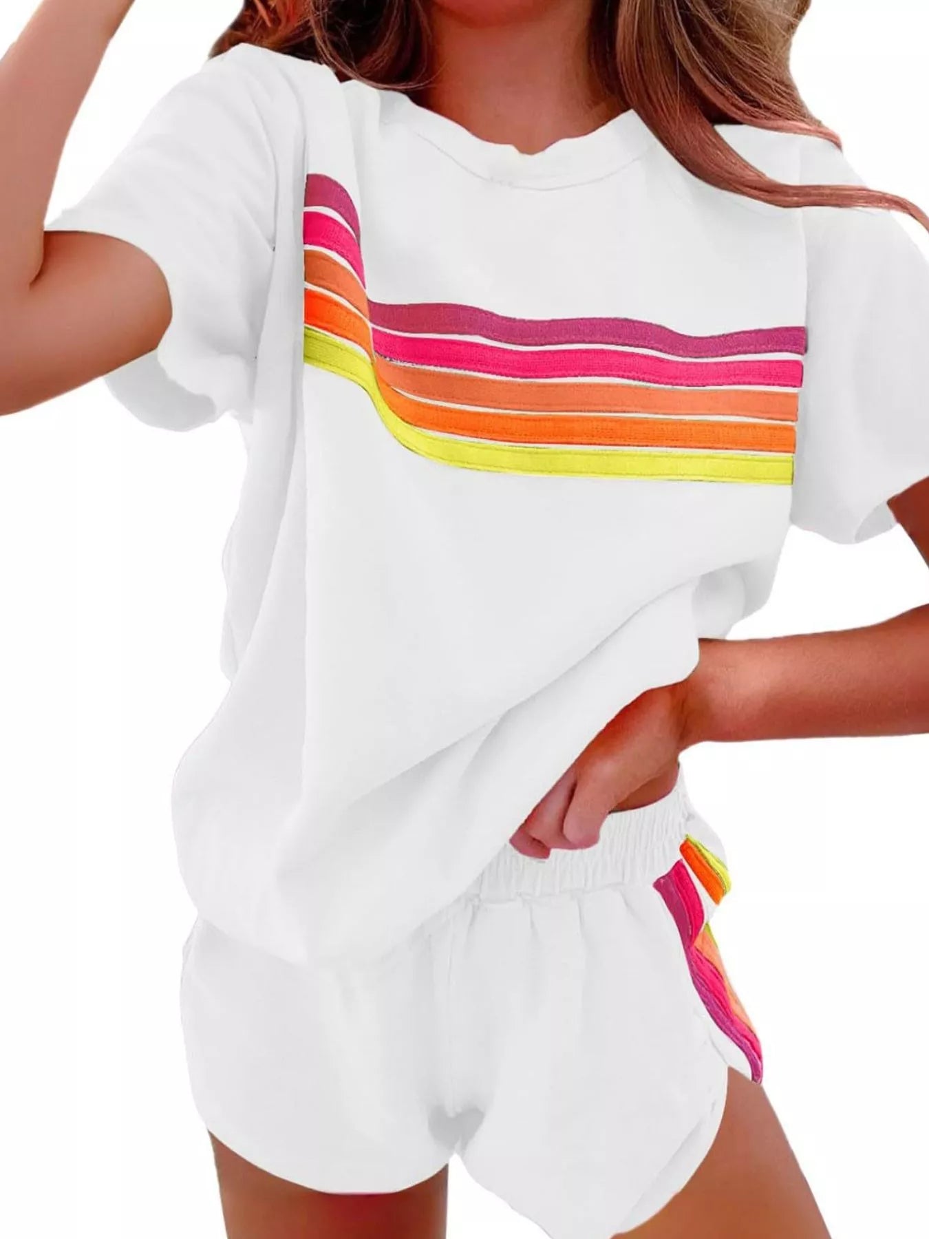 Hazel Blues® |  Rainbow Striped Round Neck Top and Shorts Set