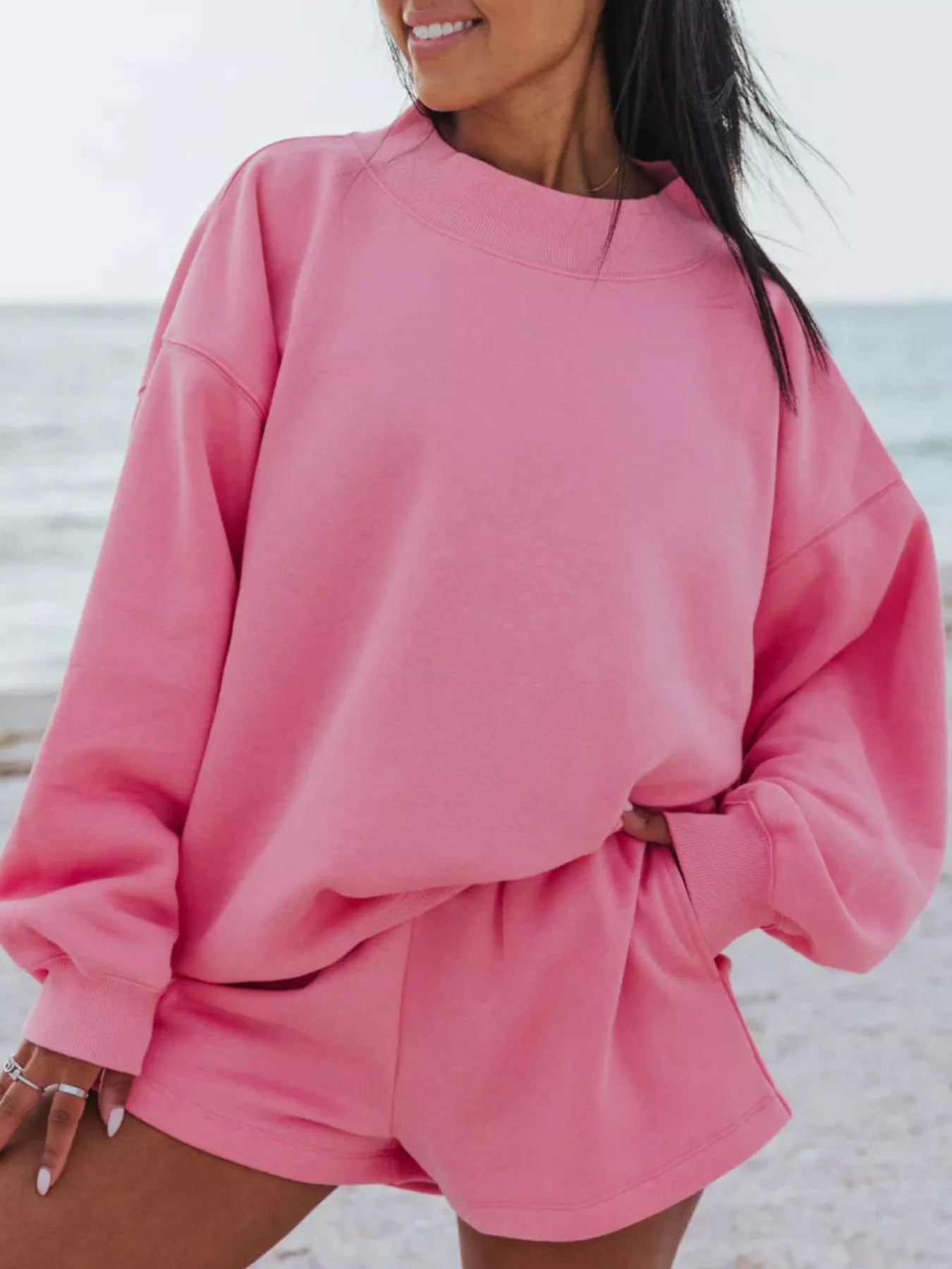 Hazel Blues® |  Relaxed Fit Round Neck Sweatshirt and Shorts Set