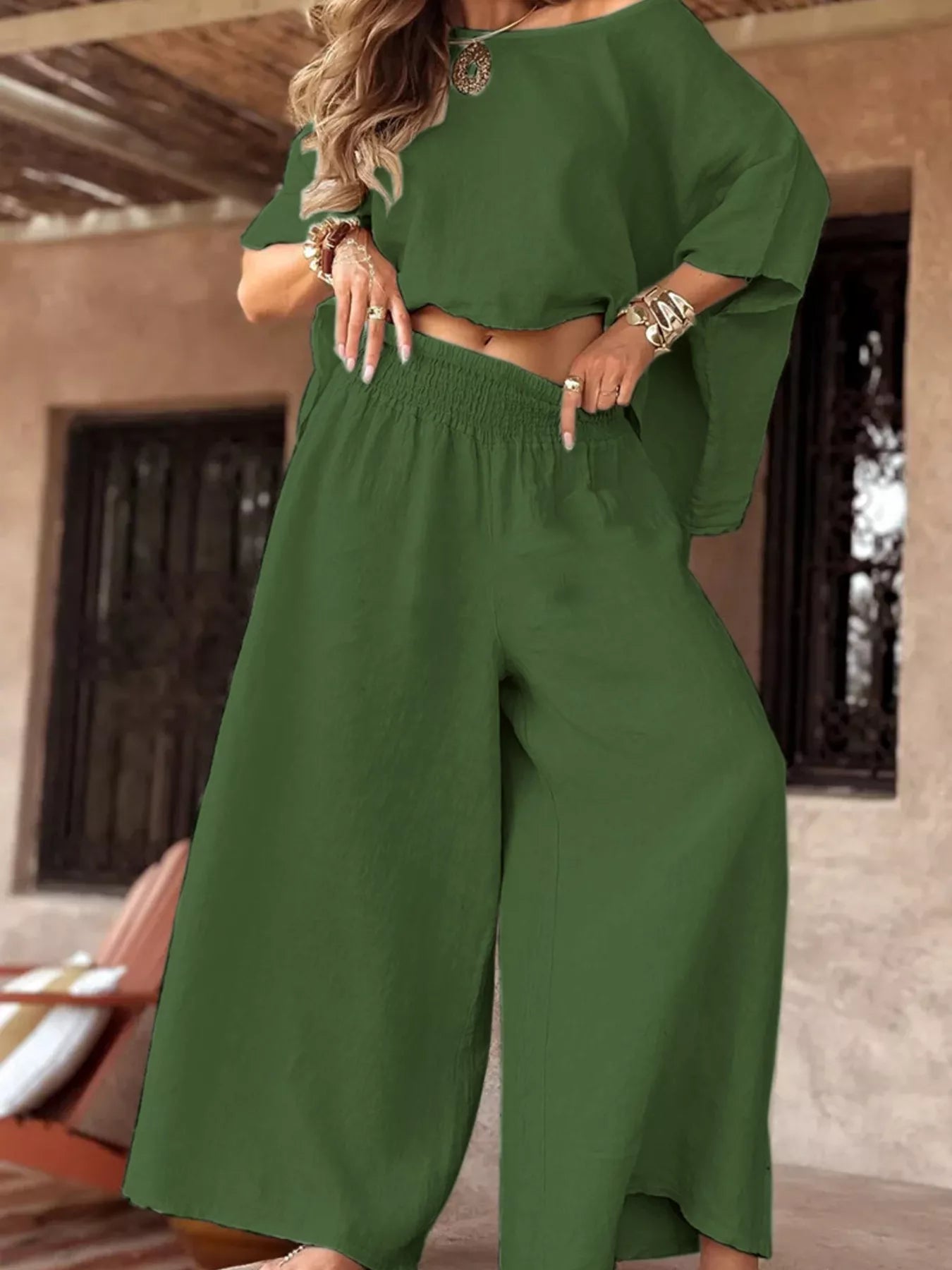 Hazel Blues® | Boat Neck Top and Wide Leg Pants Set