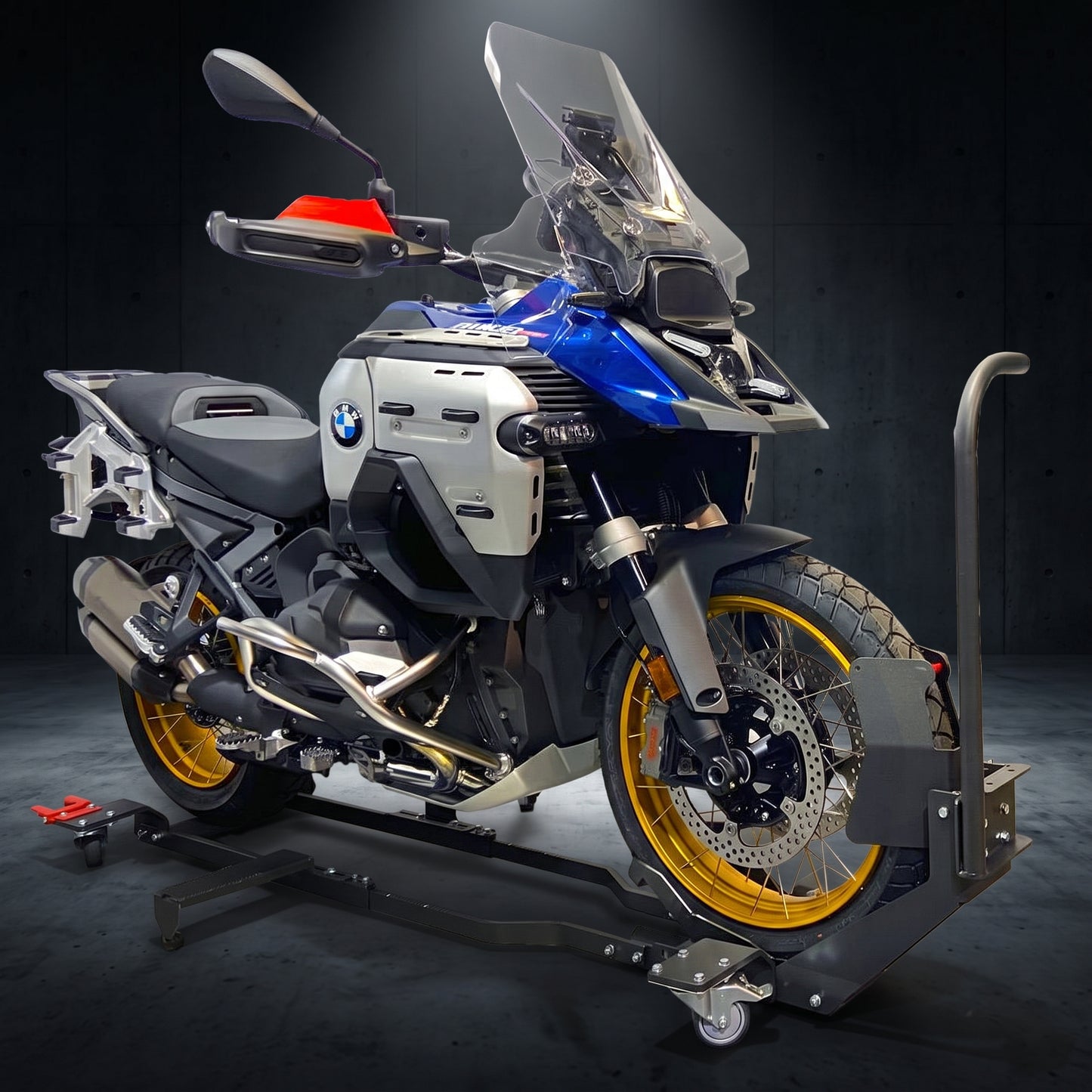 🔧 Heavy-Duty Motorcycle Wheel Chock Stand – 360° Movable Parking & Storage Rack for Secure Bike Handling
