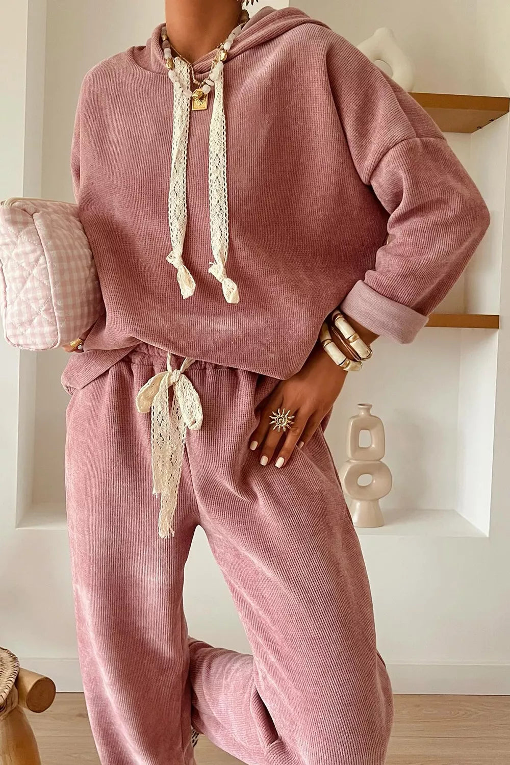 Hazel Blues® |  Lace Detail Dropped Shoulder Hoodie and Pants Set