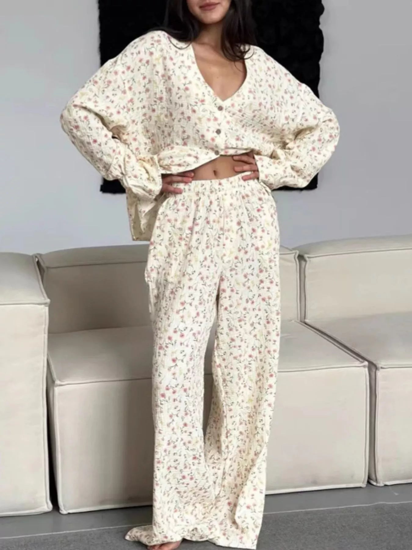 Hazel Blues® |  Floral Print Button-Down Top and Pants Lounge Set